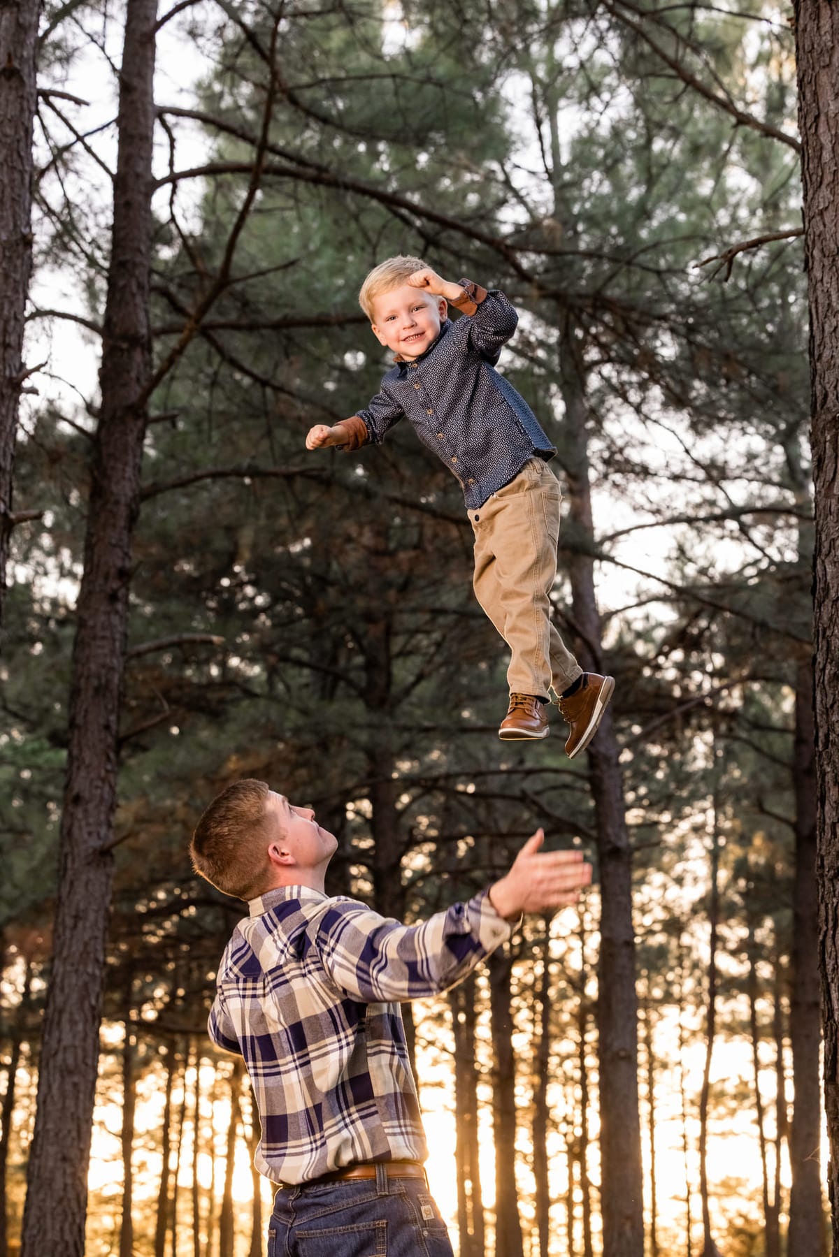 A boy leaping from a low pine branch toward his father’s raised arms, sun coming through the trunks.