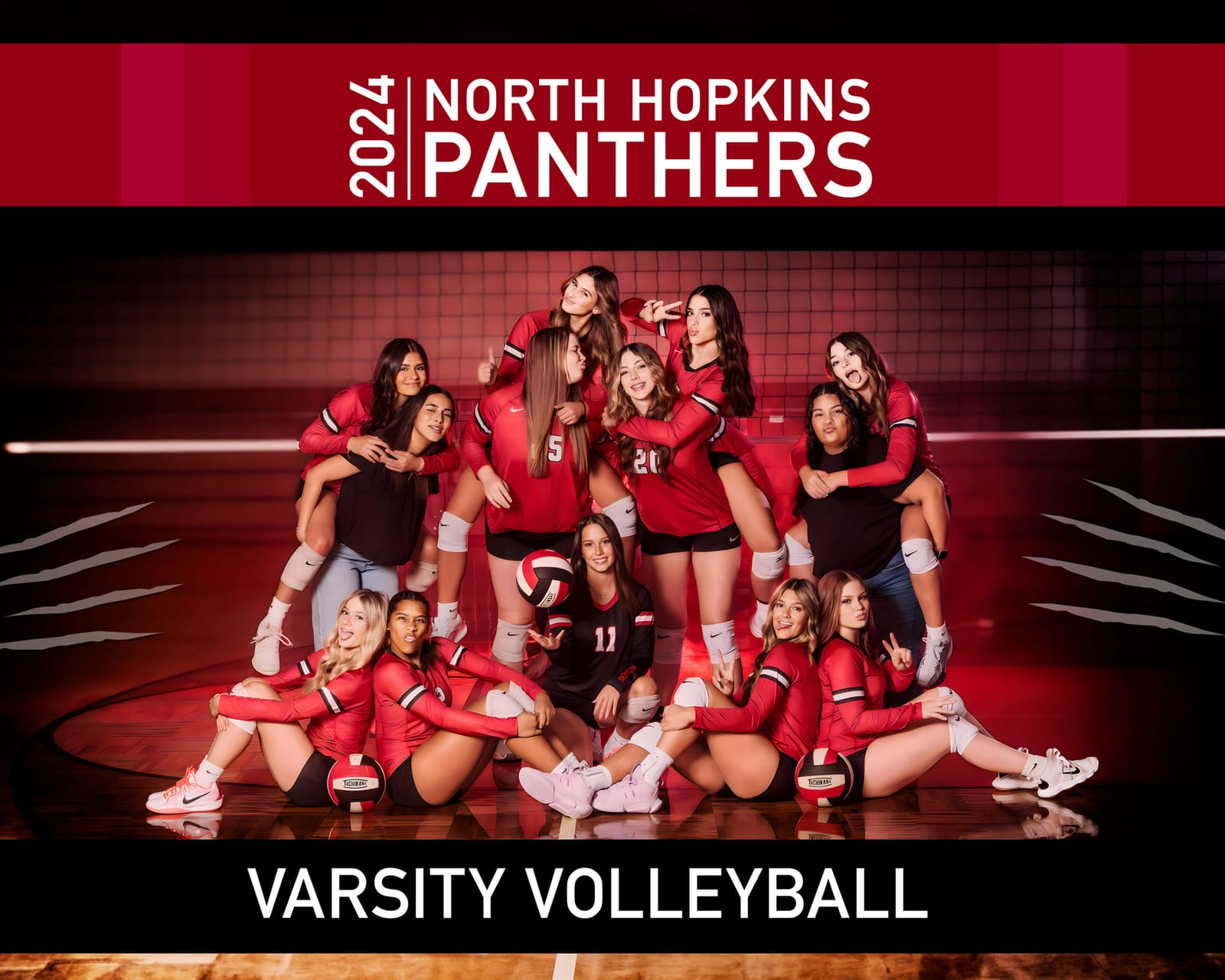 A varsity volleyball team banner: the squad stacked in a pyramid under the team’s lettering.